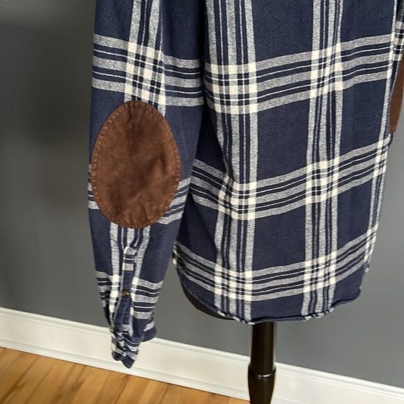 J. Crew Rugged navy plaid button down shirt w/ faux suede elbow patches. Medium - Picture 5 of 6